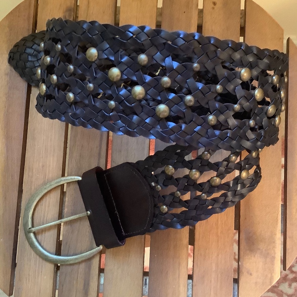 Another Line Inc Leather Wide Woven Braided Studded Belt Dark Brown SZ L